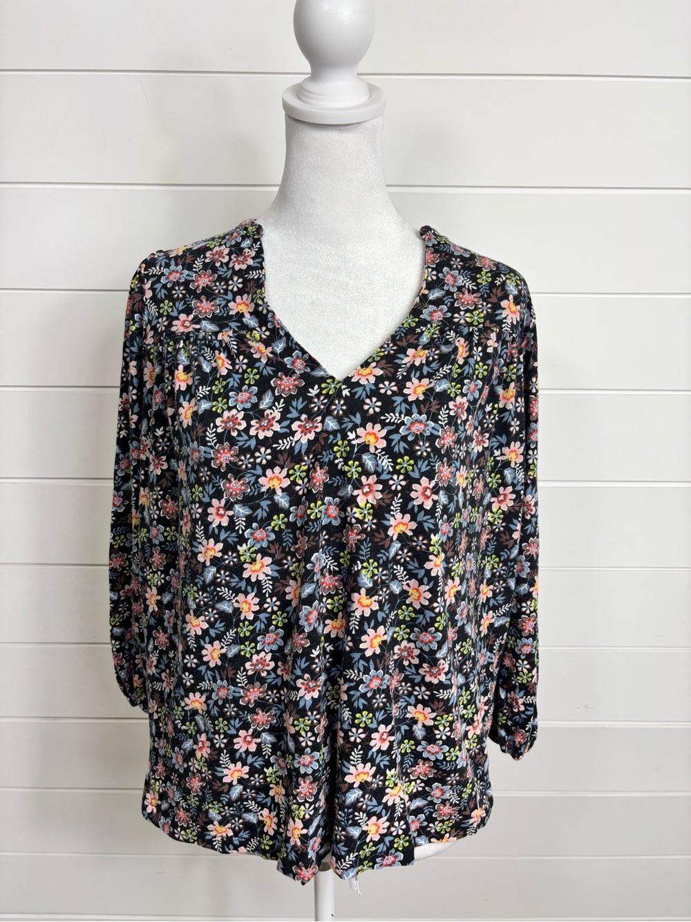 Boden Black Floral V-Neck Blouse with Pink, Yellow & Blue Blooms Size 6